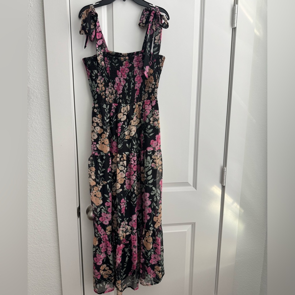 Sam Edelman Black Floral Maxi Dress with Pink & Cream Blossoms